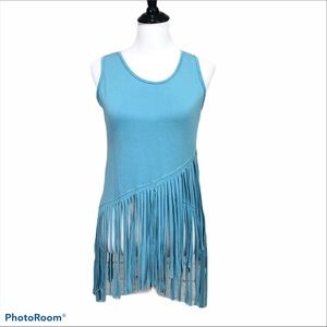 Pomelo asymmetrical fringe sleeveless light blue swimsuit coverup